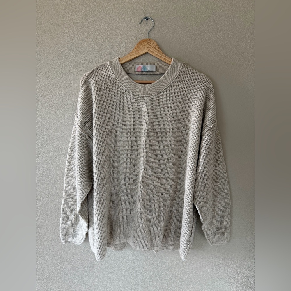 Free People Beach Cali Crew Sweater Waffle Knit Open Tie Back Oversized S